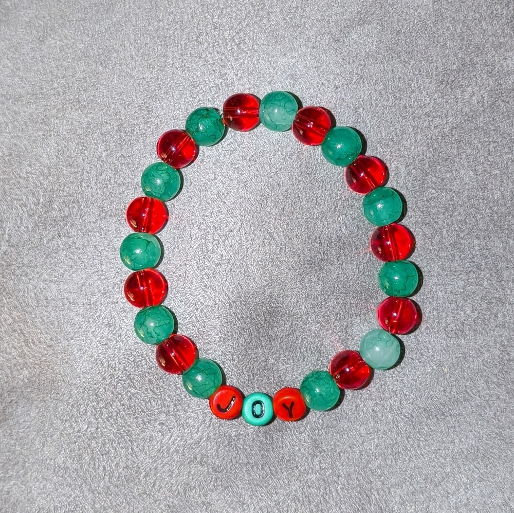 Glass JOY Red and Green Beaded Bracelet